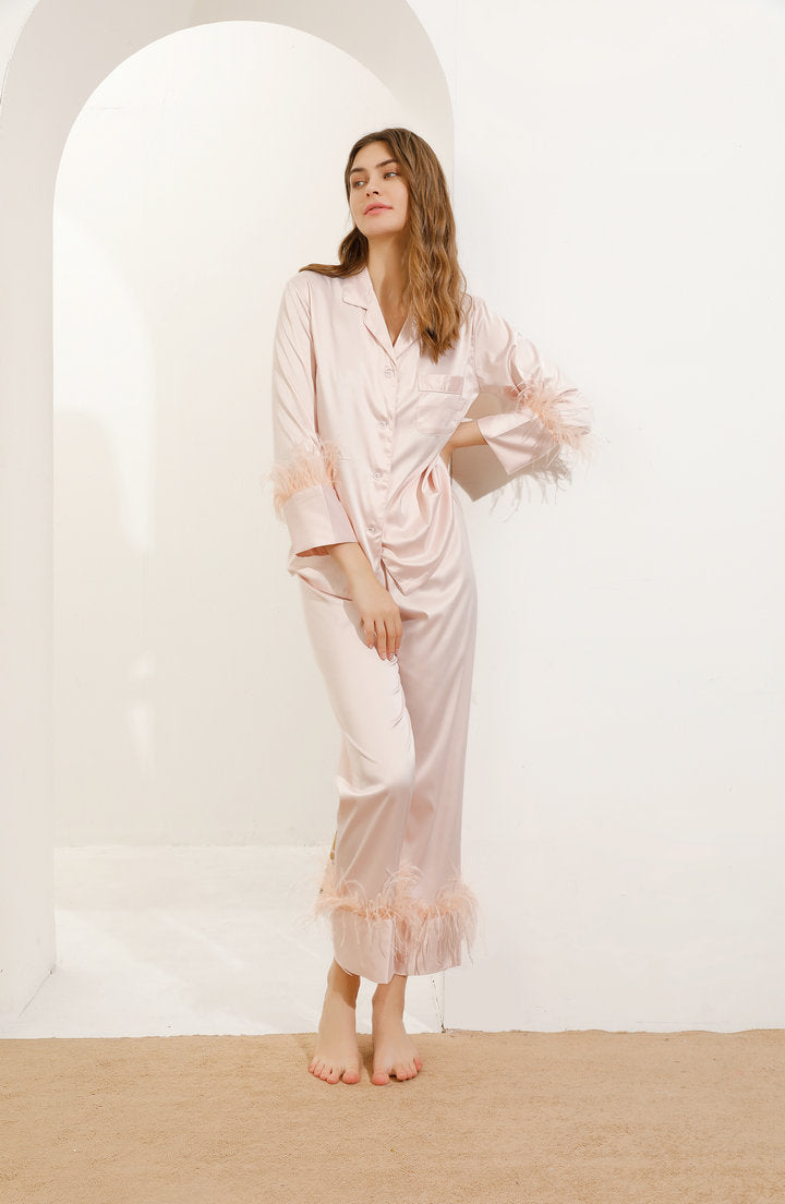 Blush Feather Trim Long Pyjamas