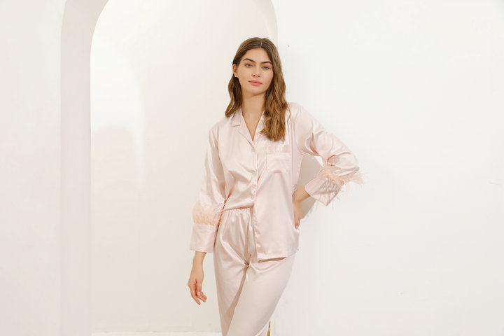 Blush Feather Trim Long Pyjamas