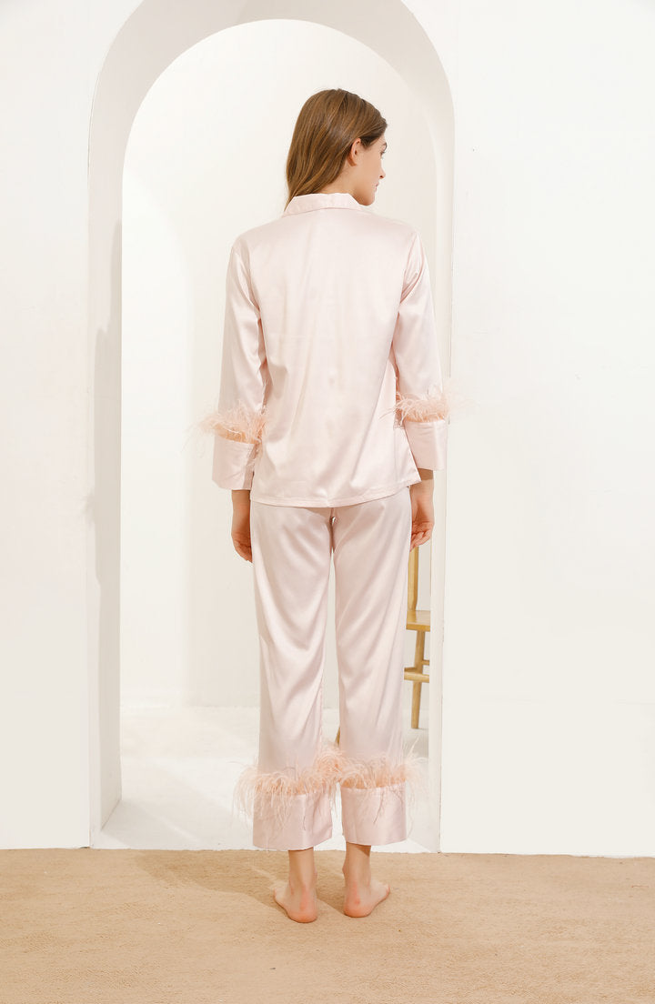 Blush Feather Trim Long Pyjamas