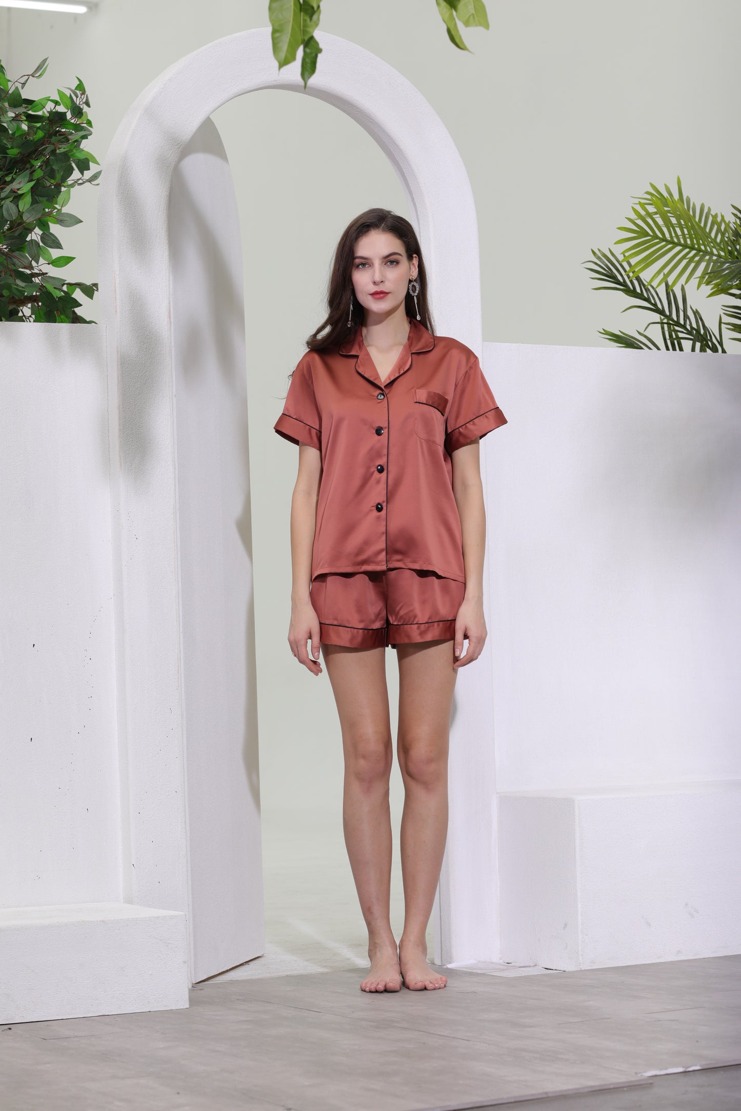 Rust Satin Pyjamas with Black Piping