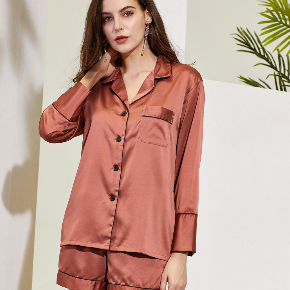 Rust Satin Pyjamas with Black Piping