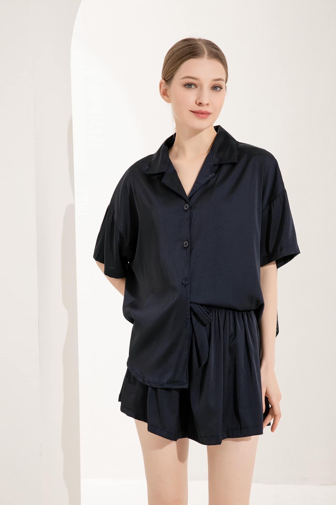 Navy Satin Drape Pyjamas