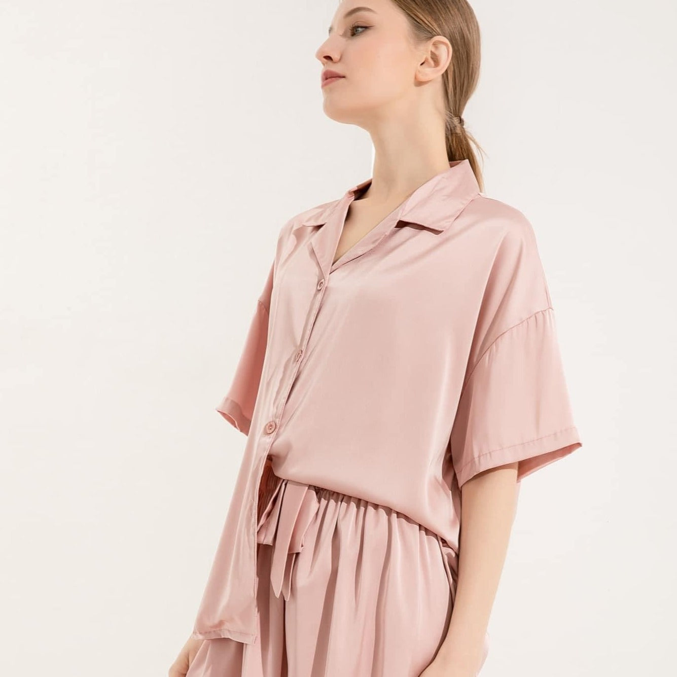 Dusky Pink Satin Drape Pyjamas