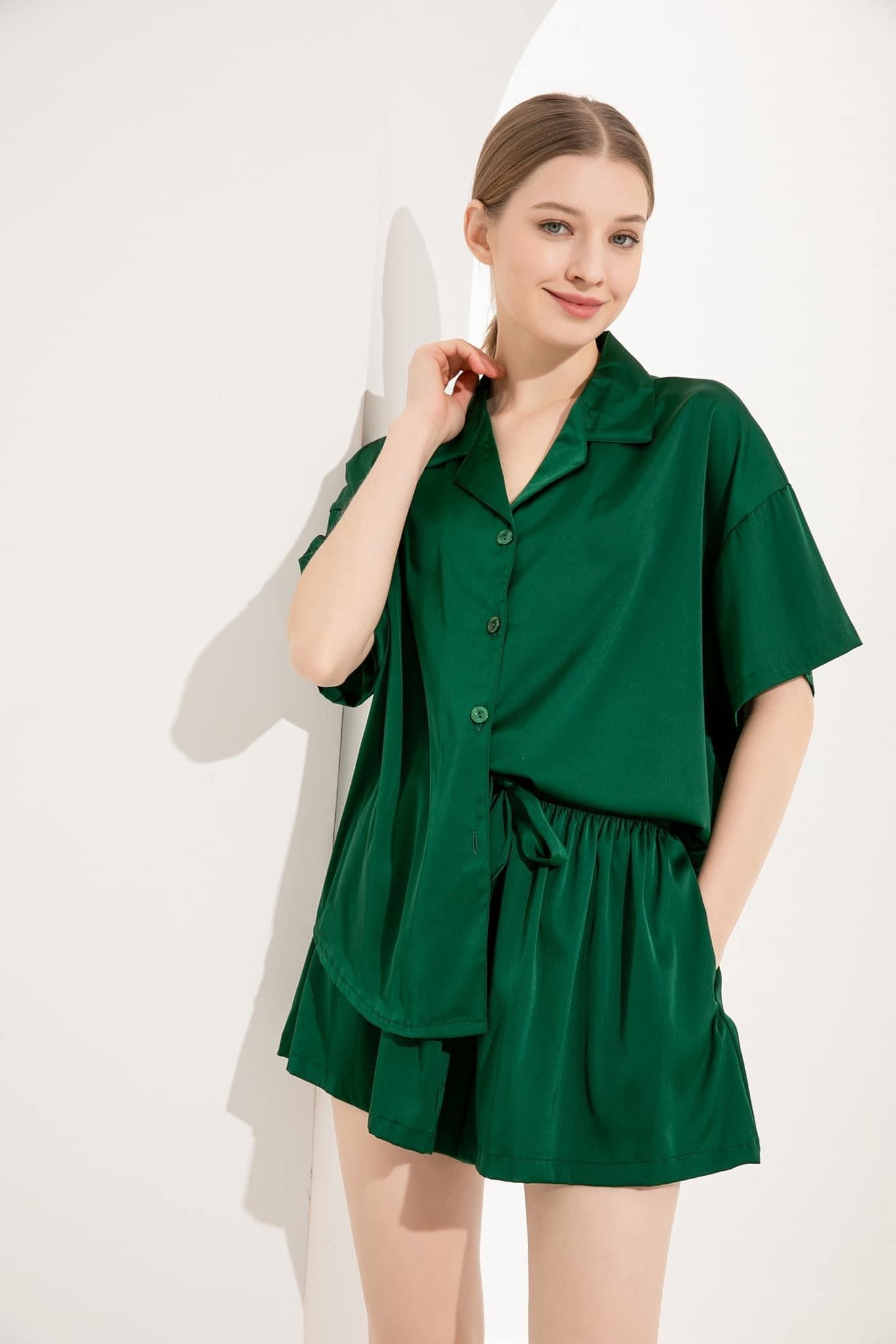 Dark Green Satin Drape Pyjamas