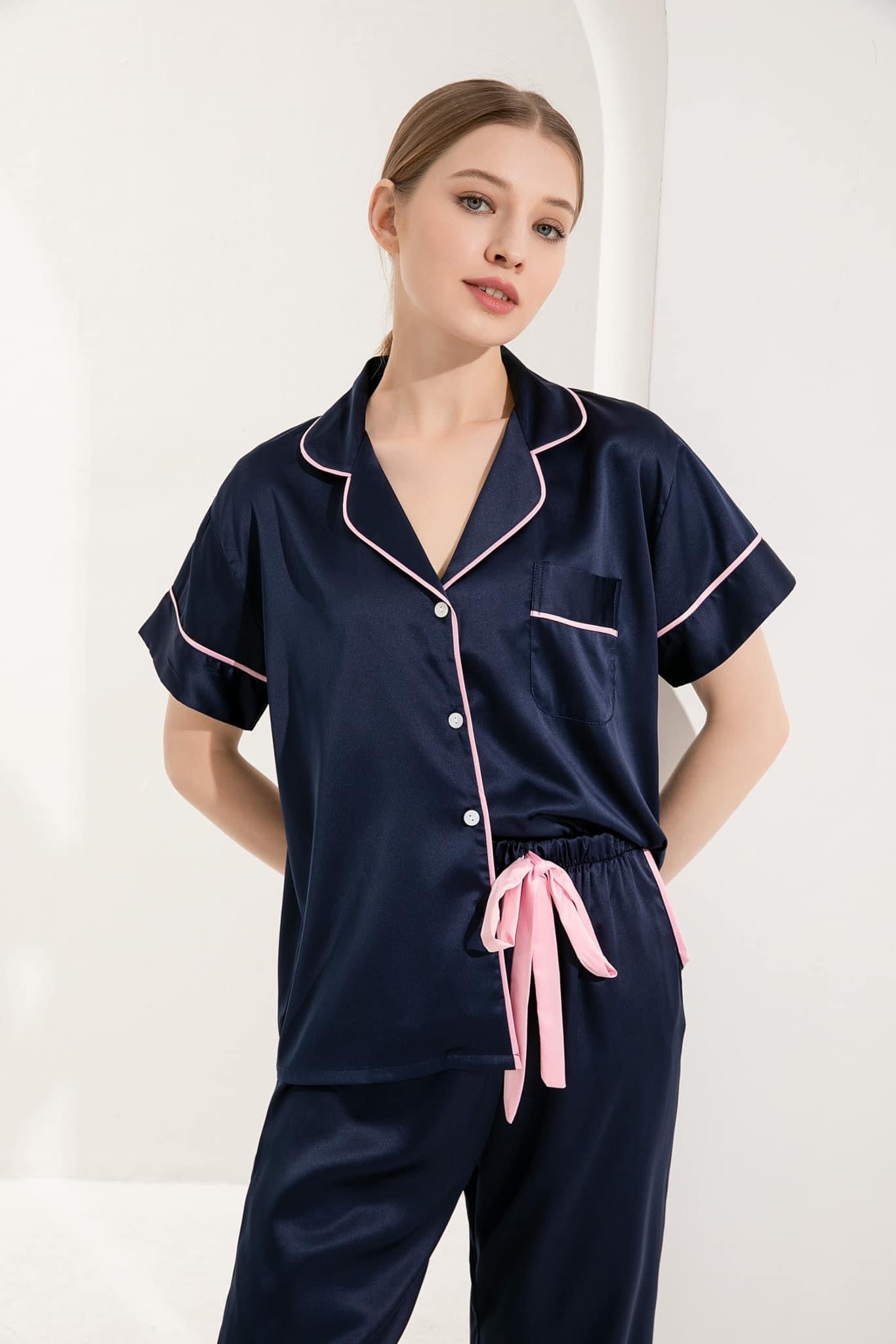 Navy Satin Pyjamas with Pink Piping