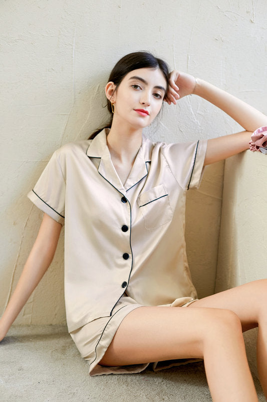 Champagne Satin Pyjamas with Black Piping