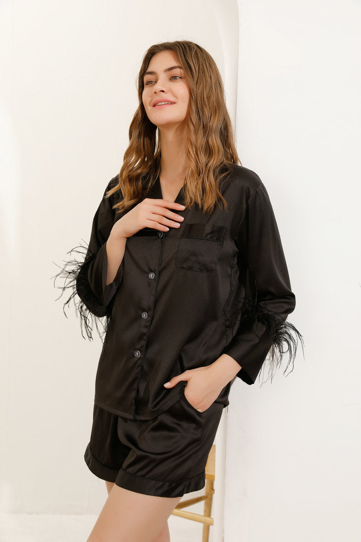Black Feather Trim Short Pyjamas