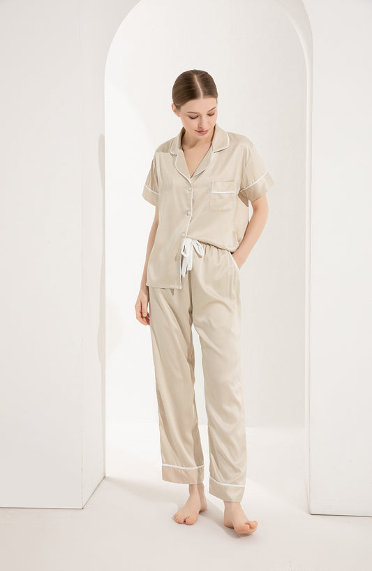 Champagne Satin Pyjamas with White Piping