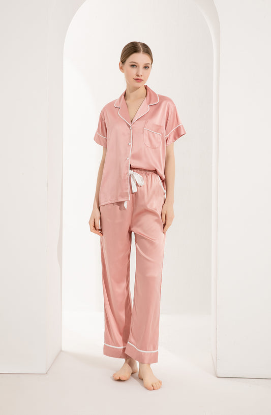 Dusky Rose Satin Pyjamas with White Piping