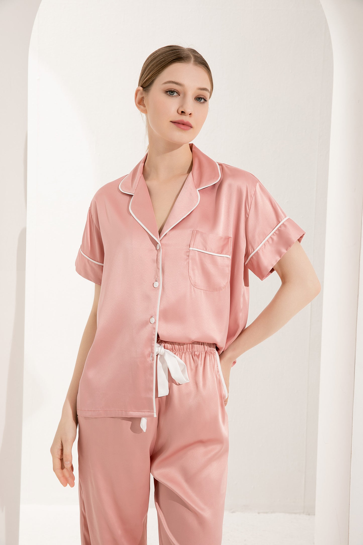 Dusky Rose Satin Pyjamas with White Piping