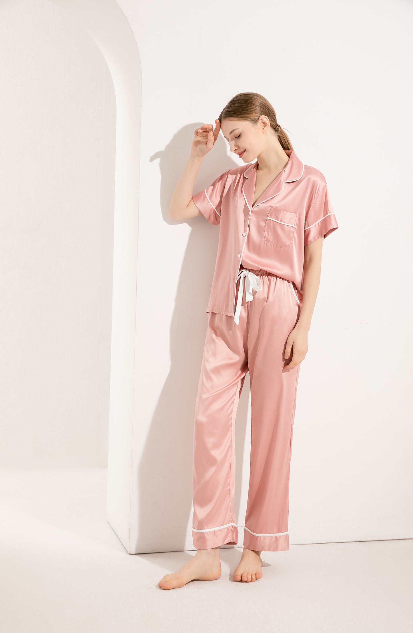 Dusky Rose Satin Pyjamas with White Piping