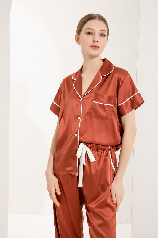 Rust Satin Pyjamas with White Piping