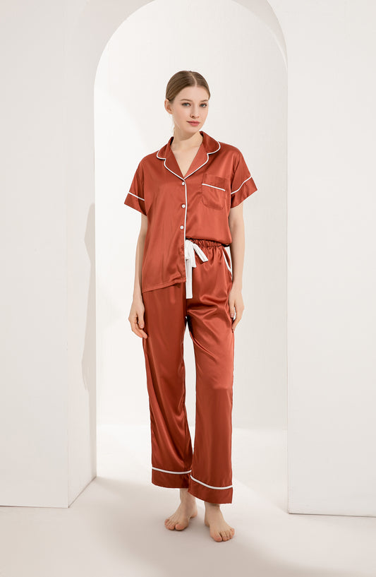 Rust Satin Pyjamas with White Piping