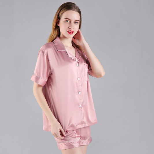 Dusky Rose Satin Pyjamas with White Piping