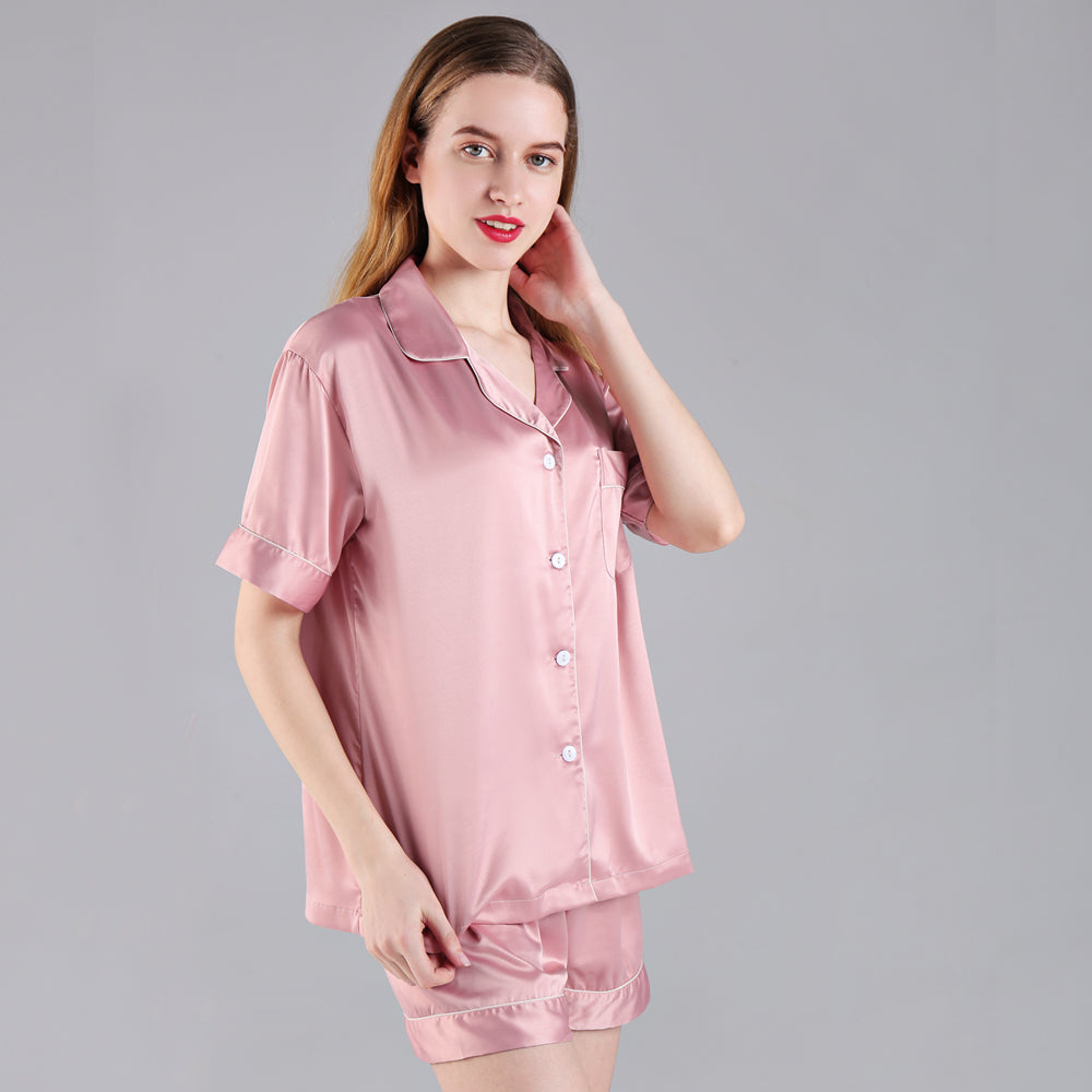 Dusky Rose Satin Pyjamas with White Piping