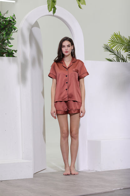 Rust Satin Pyjamas with Black Piping