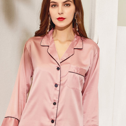 Dusky Rose Satin Pyjamas with Black Piping