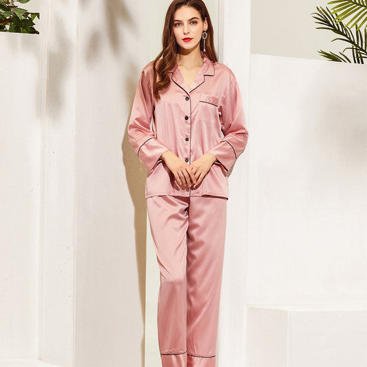 Dusky Rose Satin Pyjamas with Black Piping