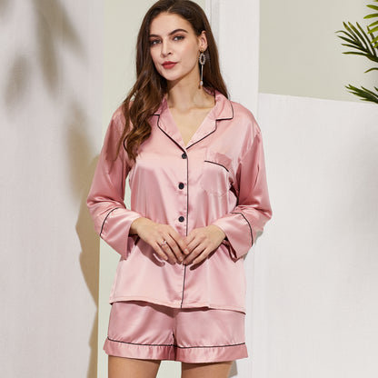 Dusky Rose Satin Pyjamas with Black Piping