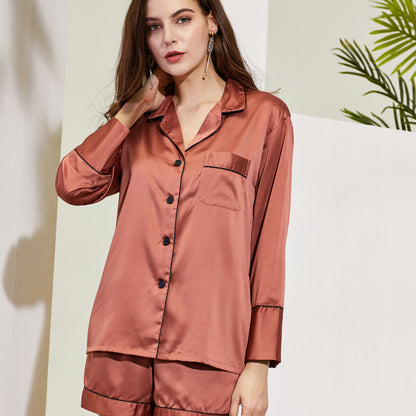 Rust Satin Pyjamas with Black Piping