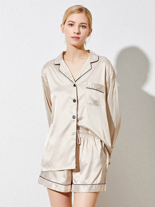 Champagne Satin Pyjamas with Black Piping