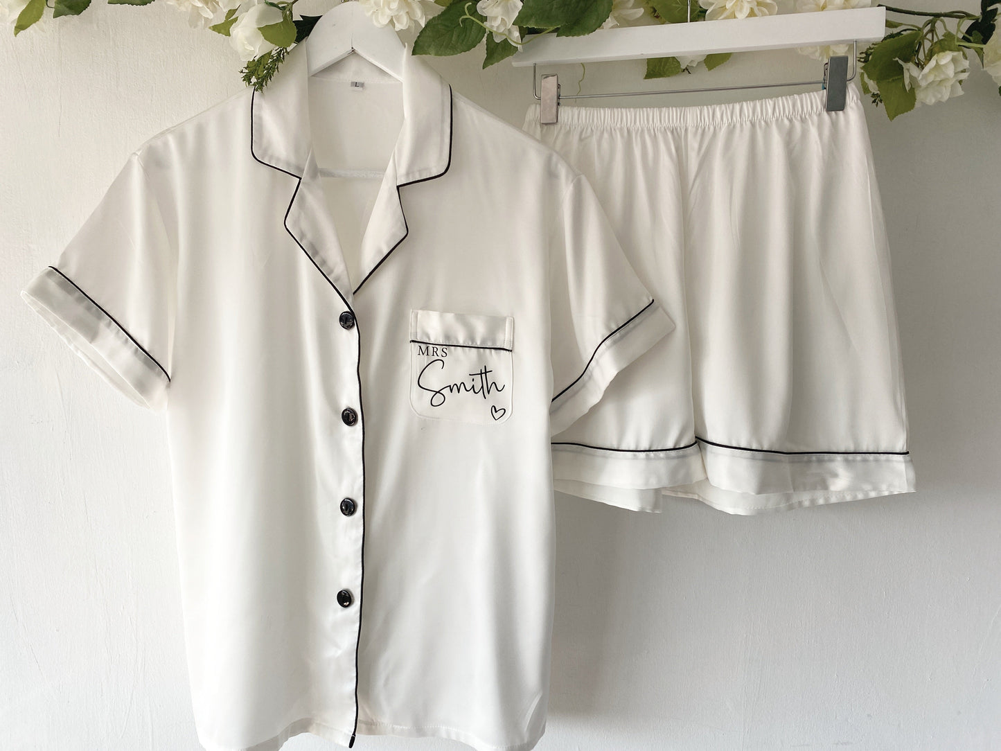 White Short Pyjamas - White Piping