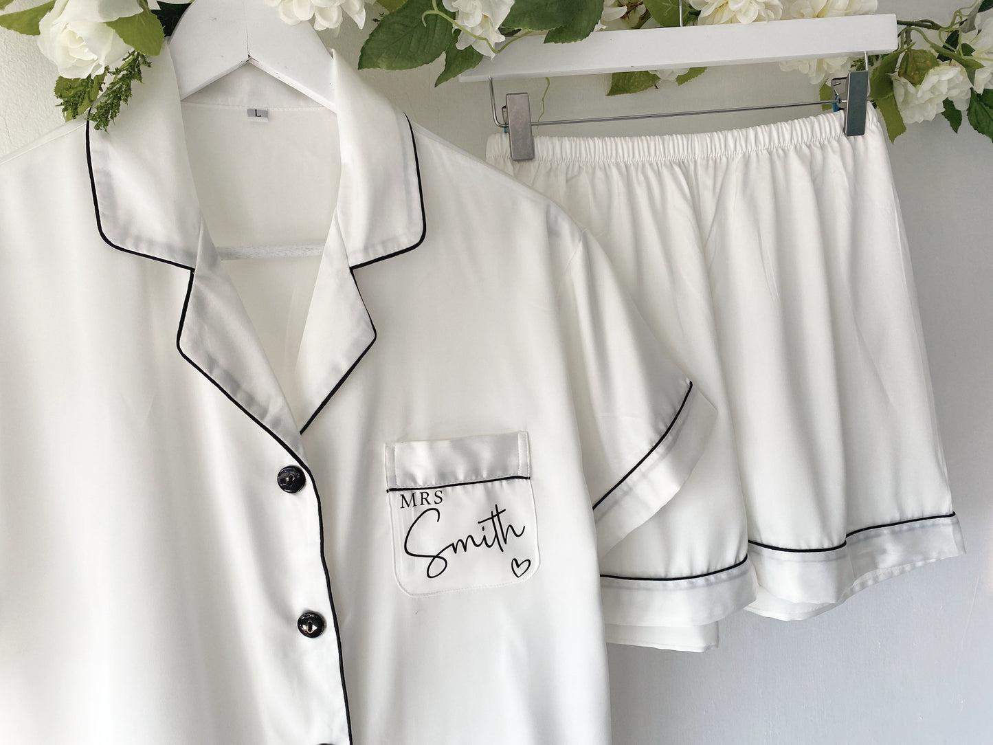 White Short Pyjamas - White Piping