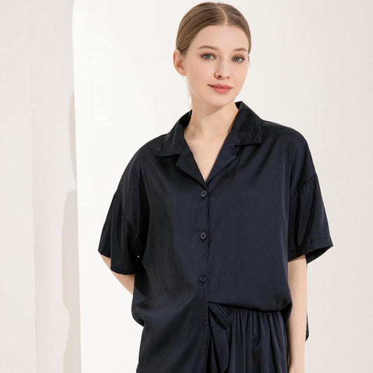 Navy Satin Drape Pyjamas