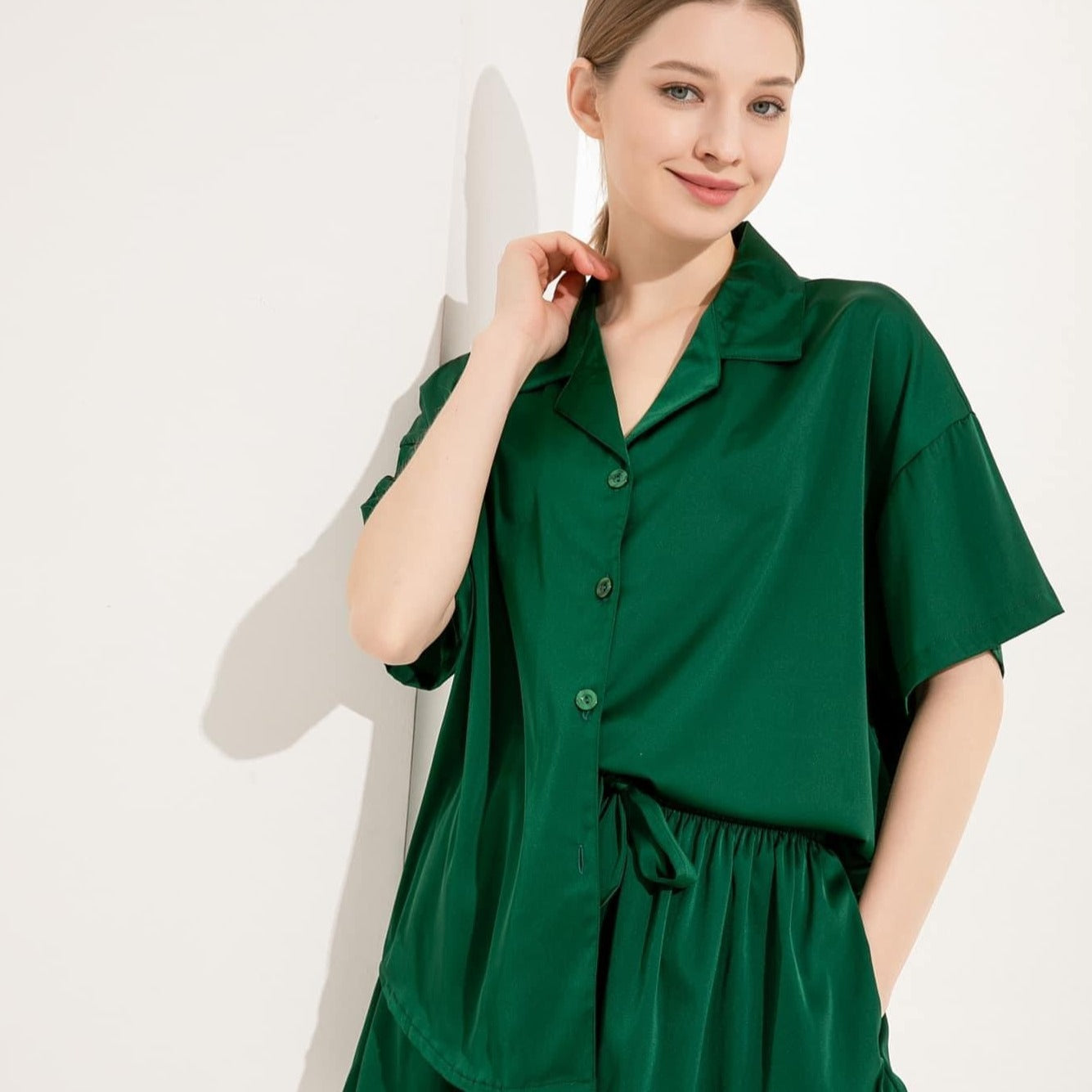 Dark Green Satin Drape Pyjamas