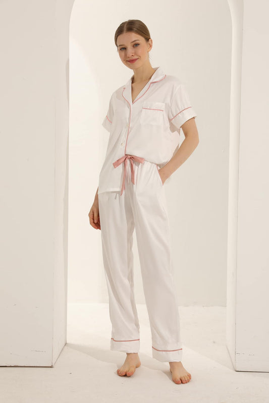 White Satin Pyjamas with Pink Piping