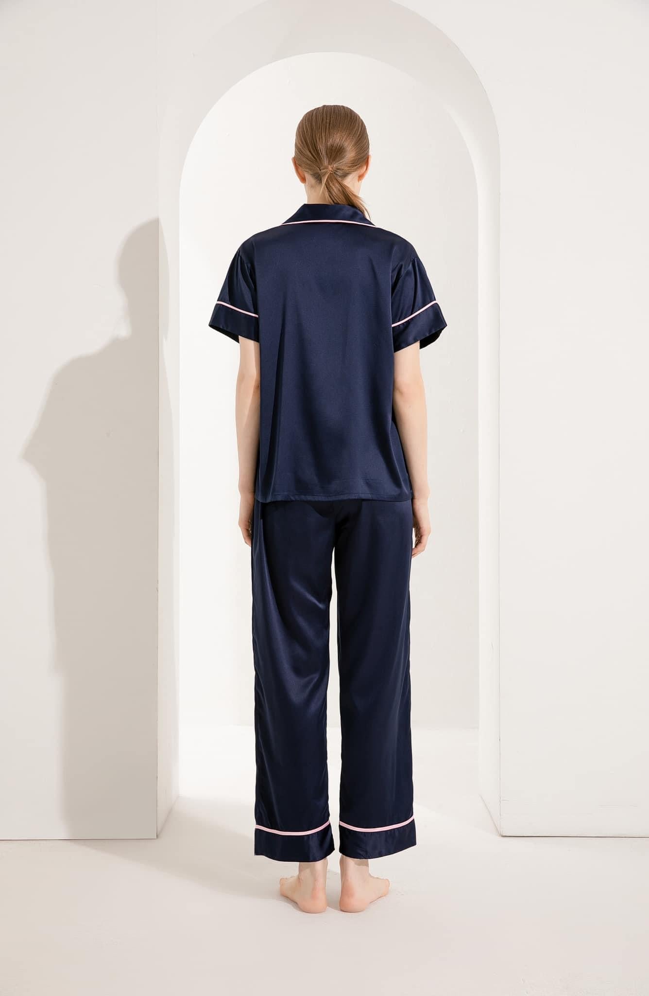 Navy Short Sleeve & Pants Pyjamas with Pink Belt and Piping