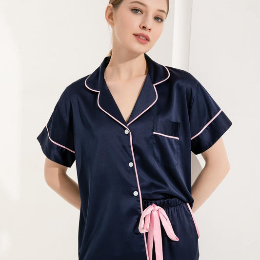 Navy Short Sleeve & Pants Pyjamas with Pink Belt and Piping