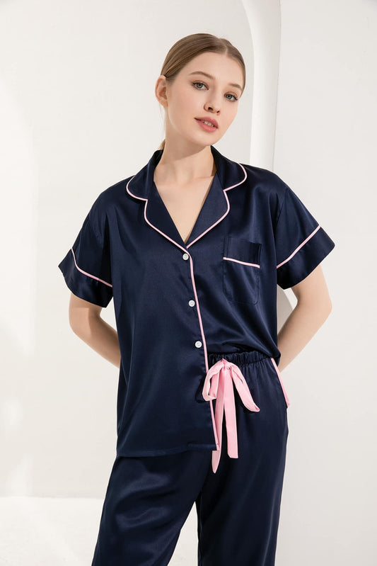 Navy Satin Pyjamas with Pink Piping