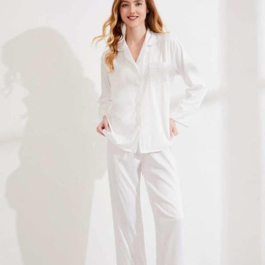 White Long Pyjamas - White Piping