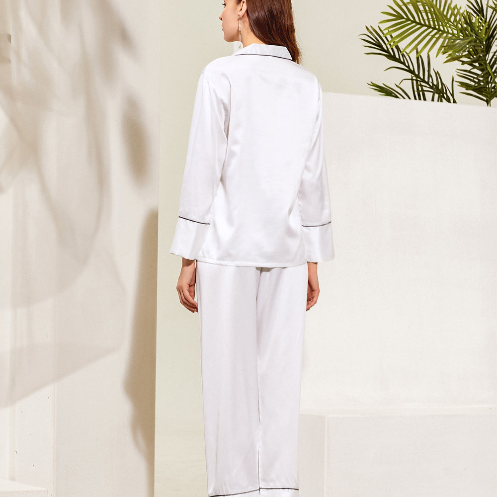 White Long Pyjamas - Black Piping