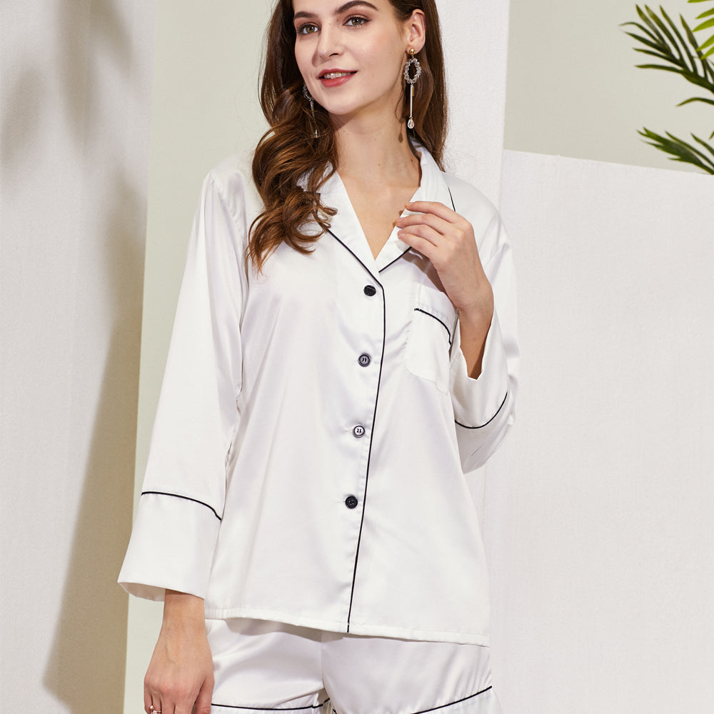 White Long Sleeve & Shorts Pyjamas - Black Piping